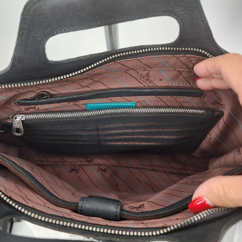 MONTANA WEST Black Genuine Leather Laptop‎ Case Tote & Wristlet Set NWT